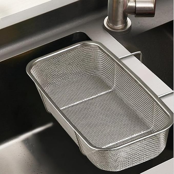 Stainless Steel Side Sink Drain Strainer Basket, Corner Hanging Sink Strainer Colander Drain Basket, Kitchen Sink Food Waste Filter and Vegetables Fruits Clean (Silver rectangle)