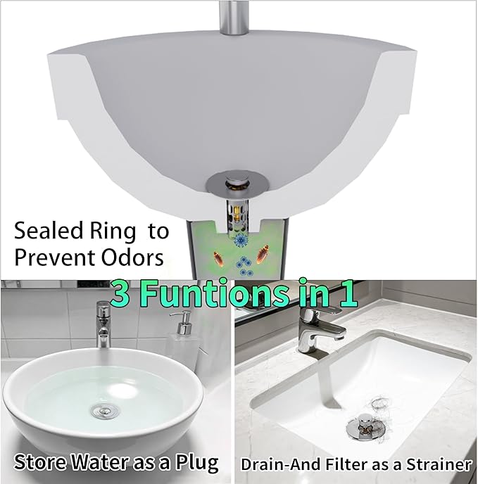 Bathroom Sink Stopper Drain Hair Catcher,3 in 1 Bathroom Sink Drain Strainer with Anti-Clogging Filter Basket