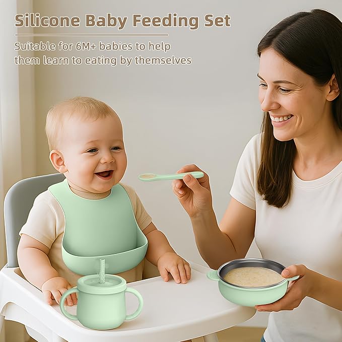 27 Pack Silicone Baby Feeding Set, Hepotk BPA-Free Food Grade Baby Feeding Essentials Utensils, Second Stage Baby Food Eating Utensils, Set of 3 babies(Brown, Blue, Green)