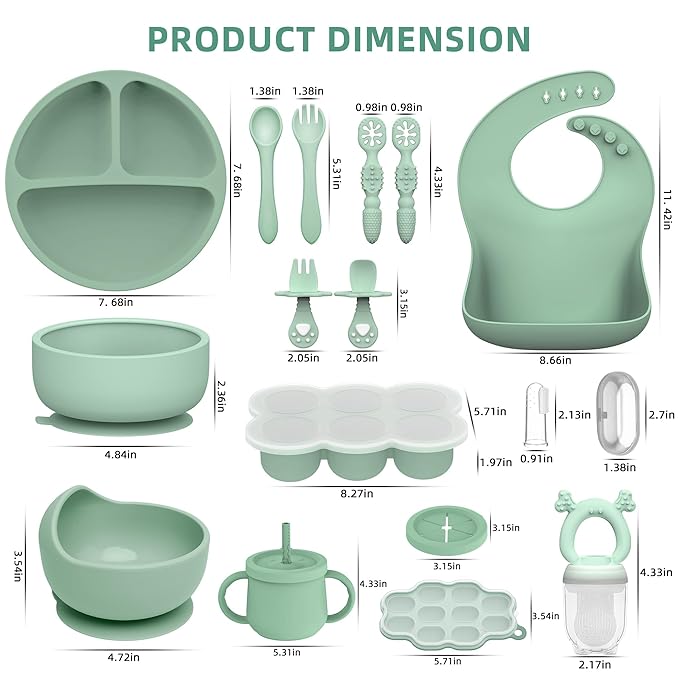 16 Pack Silicone Baby Feeding Set, BPA-Free Baby LED Weaning Supplies, Include Suction Plates, Baby Bowls, Silicone Fork & Spoon, First Stage Baby Food Eating Utensils - 6+ Months (Dark Green, 16)