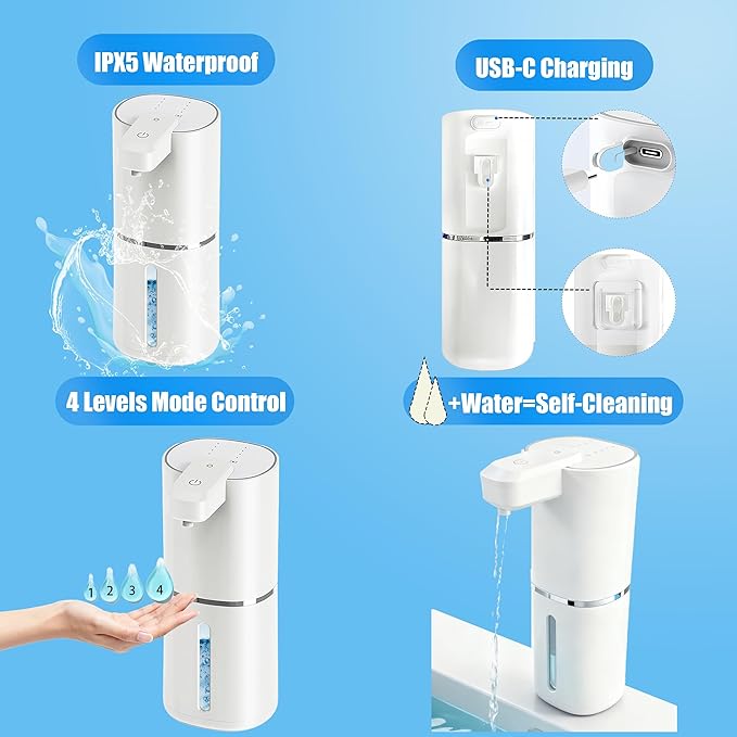 Automatic Touchless Foam Soap Dispenser, 4-Level Adjustable Foam, Continuous Foaming and Self-Cleaning Mode, Type-C Rechargeable, Wall Mount or Countertop (touchless soap Dispenser Liquid)