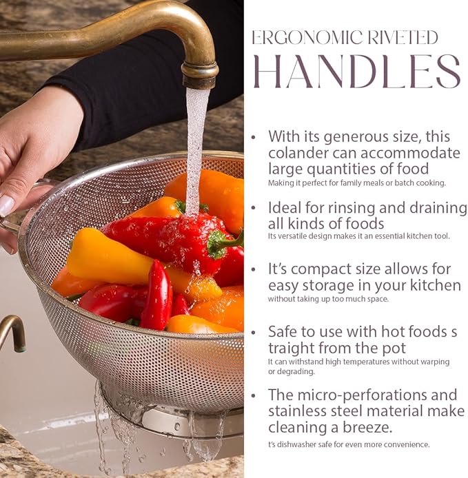 Bellemain Colander for Kitchen – 5 Qt Stainless Steel Strainer with Handle - 18/8 Pasta Strainer Bowl for Pasta, Spaghetti, Vegetables, Fruit