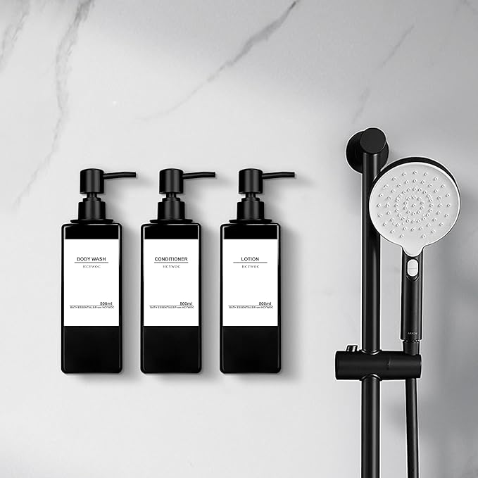 Shampoo Dispenser for Shower Wall, Shampoo and Conditioner Dispenser with 16 Waterproof Labels, No Drill Shower Soap Dispenser Bathroom, Shower Soap Dispenser Wall Mounted 3 Chamber, 17oz,Black