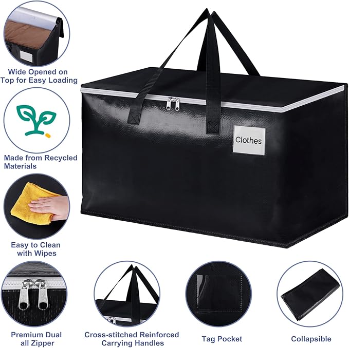Heavy Duty Moving Boxes-Moving Bags with Zipper, Black-6 Pack