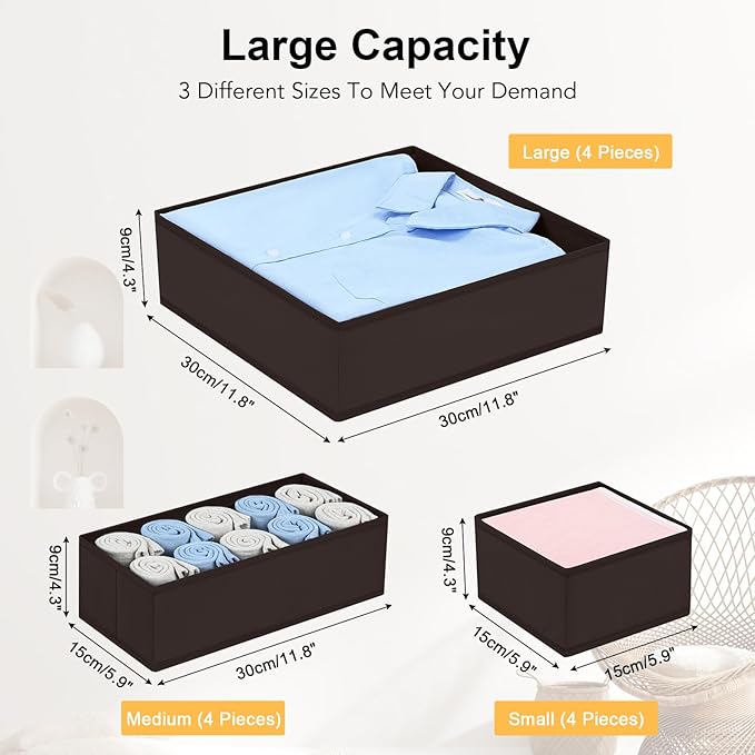 DIMJ Drawer Organizer Clothes, 12 Pack Underwear Organizer, Foldable Closet Organizers, Sock Organizer Bra Organizer, Fabric Dresser Organizer for Clothes, Bra, Socks, Tie (Brown)