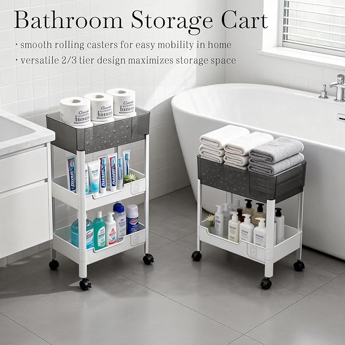 3 Tier Rolling Cart with Wheels 4.7'' Deep Baskets Bathroom Storage Shelf Heavy