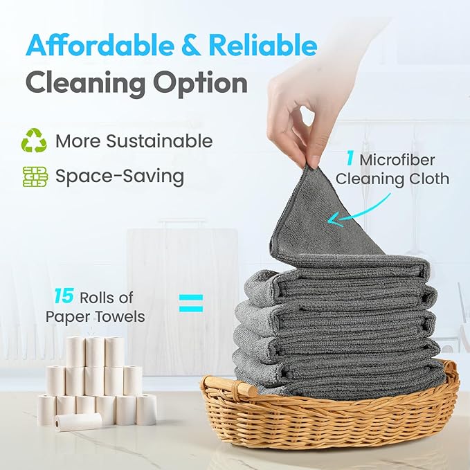 Microfiber Cleaning Cloth 12 Pack - 12x12 Inch Grey Microfiber Towels for Cars - Super Absorbent Lint Free Streak Free Microfiber Rags for Washing, Polishing, Buffing and Drying