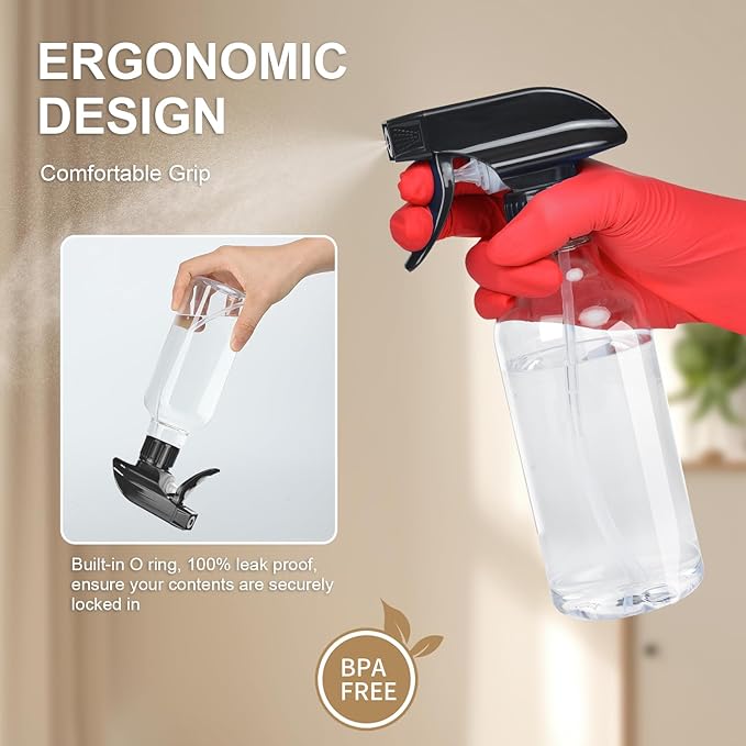 Uineko Spray Bottles 2-Pack, 10 Oz, Mist & Stream, Heavy Duty Spraying Empty Water Sprayer Bottle, BPA Free Plastic Refillable Containers for Cleaning Solutions, Plants, Hair, Essential Oils (Clear)
