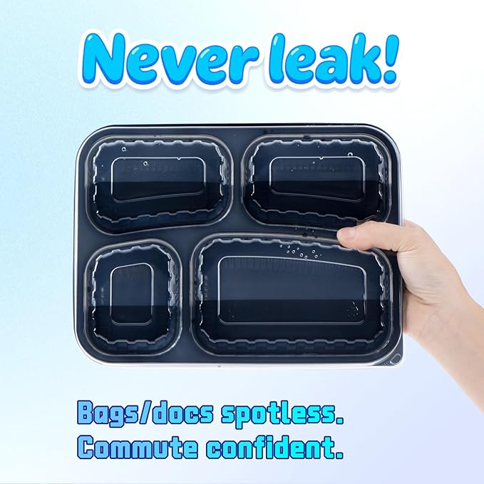 YANGRUI Meal Prep Container with Lid 40 Pack 34 oz - Reusable 4 Compartment Quad Seal Leak Defense Food Containers | BPA Free Flexible PP Plastic | Shrink Wrap Microwave & Dishwasher Safe Takeout Box
