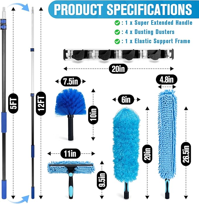 Cobweb Duster with Extension Pole, 20Ft Ceiling Fan Cleaner Duster, High Ceiling Duster Kit with 5-12Ft Telescoping Extension Pole