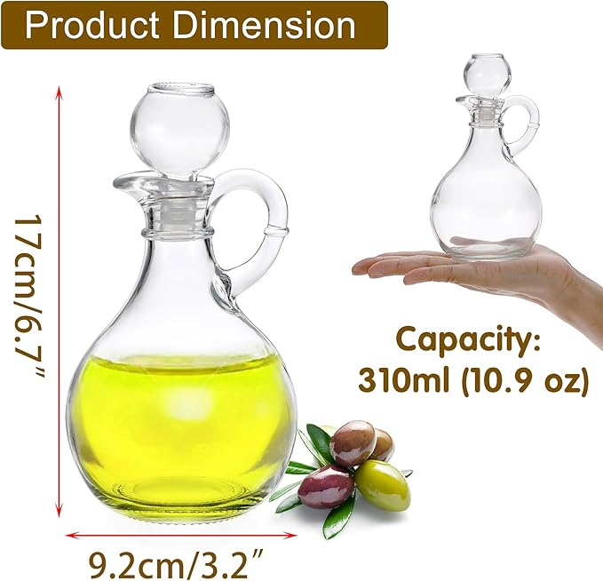 BSTKEY Set of 2 Olive Oil Dispenser Bottle with Stopper, Elegant Style Round Glass Cruet Bottles for Kitchen, 310ml Oil Dispenser Spout Container for Syrup Olive Vinegar