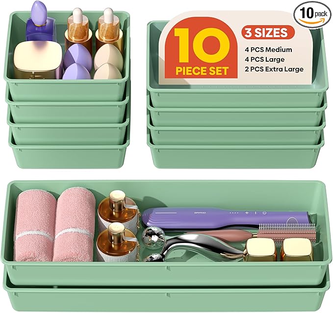 10 Pack Large Size Plastic Drawer Organizers Set, Green