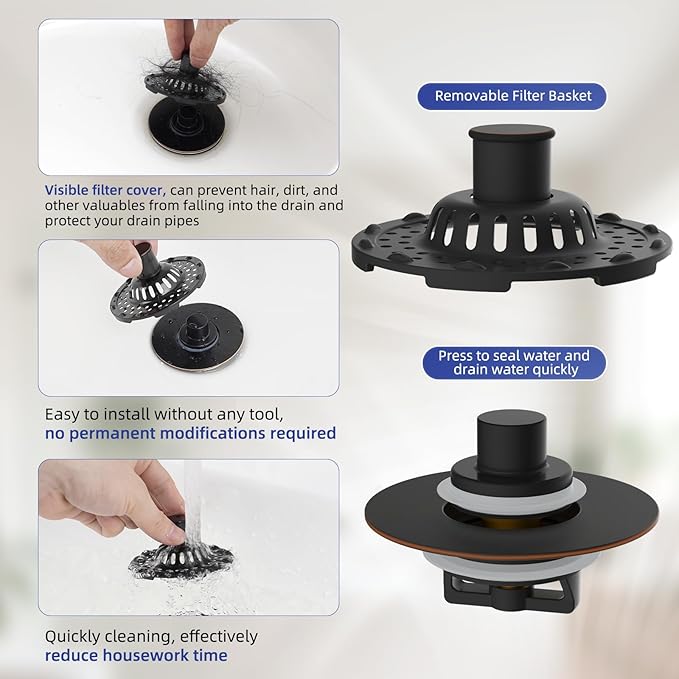 Metal 2 Pack Bathtub Drain Stopper with Top Hair Catcher, 3 in 1 Pop-up Bathtub Strainer