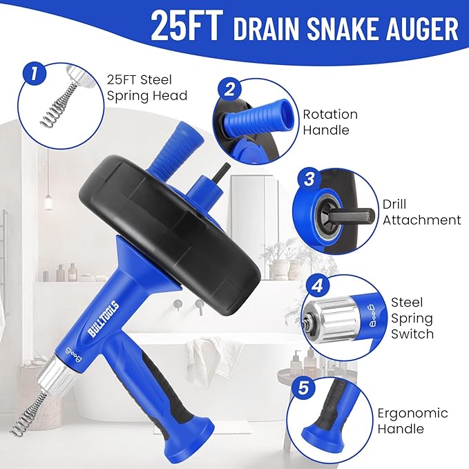 BULLTOOLS Drain Auger, 25FT Drain Clog Remover with Drill Adapter, Flexible Snake Drain Hair Removal Tool for Kitchen Sink, Bathtub, and Shower Comes with Gloves and Storage Bag