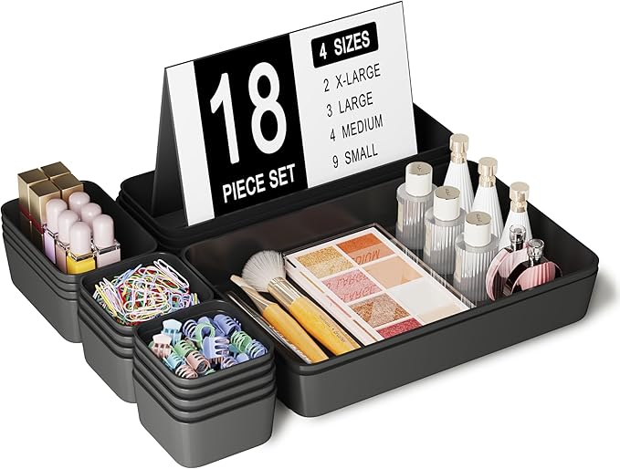 Plastic Drawer Organizers, 18 PCS Drawer Organizer Bins, Bathroom and Vanity Organizer Plastic Tray, Makeup organizer and storage for Makeup, Bedroom, Kitchen Gadgets Utensils and Office (Black)