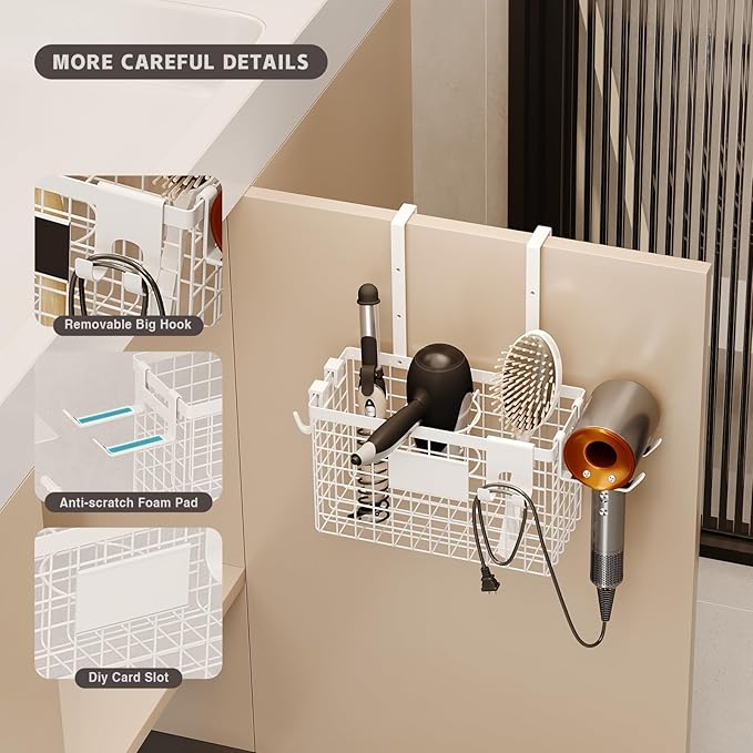 Magheo Hair Dryer Holder Cabinet Door 3-in-1 Adhesive Hair Tool Organizer Wall Mounted Adjustable Height Blow Dryer Holder Under Sink Bathroom Hair Appliance Organizer and Storage Countertop(White)