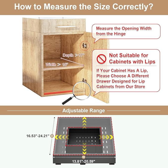 Pull out Cabinet Organizer,Width (14"-21") and Depth (17"-24") Expandable With 3 Rails,No Drill Adjustable Slide out Drawers for Kitchen,Pantry,Adhesive Roll out Shelves,for Cabinets Without Lip,Black