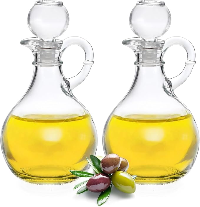 BSTKEY Set of 2 Olive Oil Dispenser Bottle with Stopper, Elegant Style Round Glass Cruet Bottles for Kitchen, 310ml Oil Dispenser Spout Container for Syrup Olive Vinegar