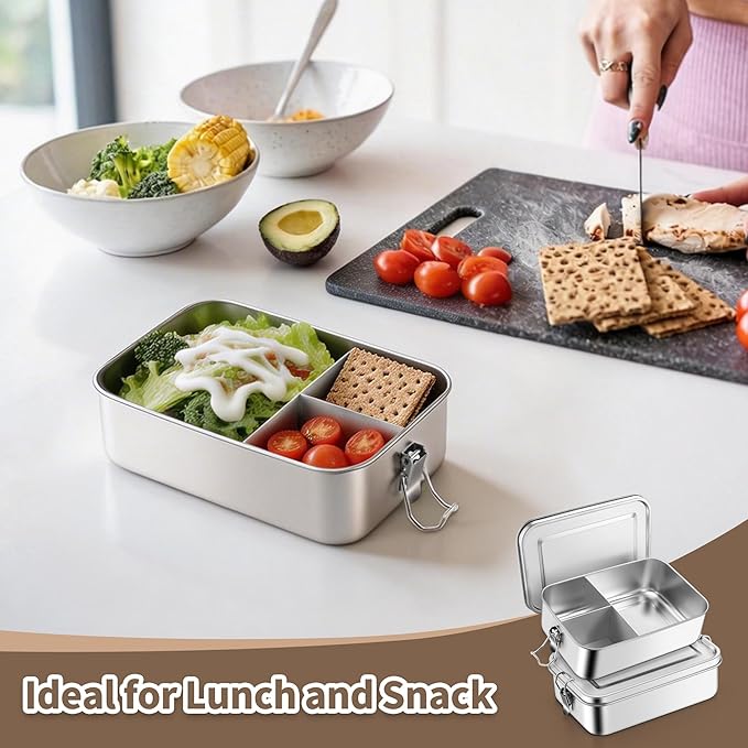 TeamFar 2 Pack Stainless Steel Bento Box, 47oz Metal Lunch Box with 3 Compartments for Adults/Kids, Lunch Food Containers for School/Work/Meal Prep