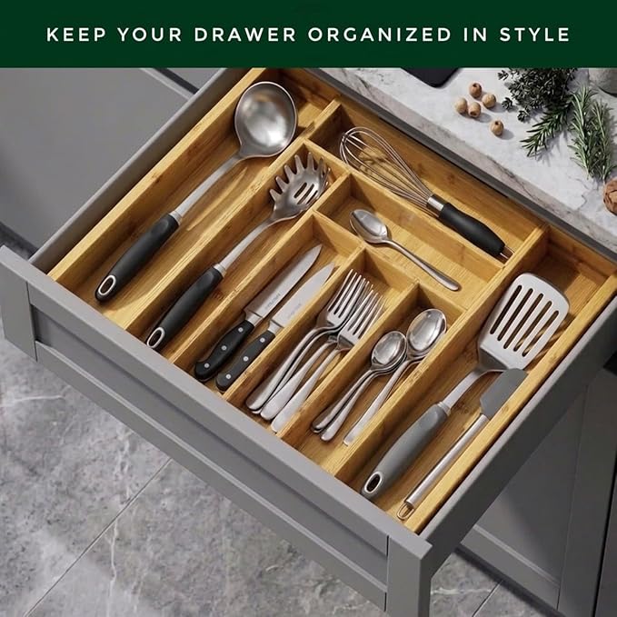 Bamboo Drawer Organizer, Expandable 8-Slot Silverware & Utensil Tray for Kitchen Drawers, Fits 13–19.5 Inch Drawers, Deep Compartments
