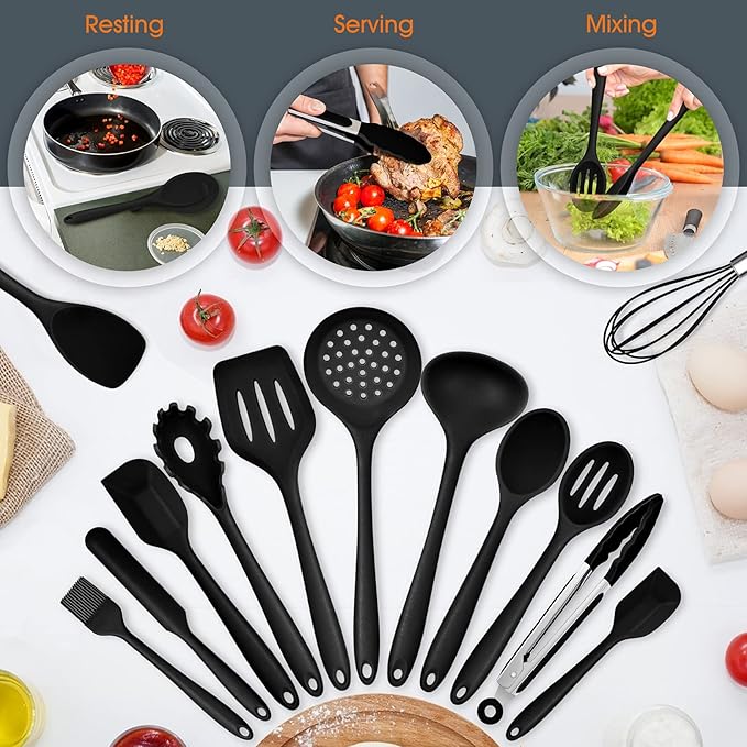 Kitchen Utensils Set, E-far 15-Piece Silicone Cooking Utensils with Holder, Non-stick Cookware Friendly & Heat Resistant, Includes Ladle Spatula Spoon Slotted Turner for Cooking & Baking (Black)