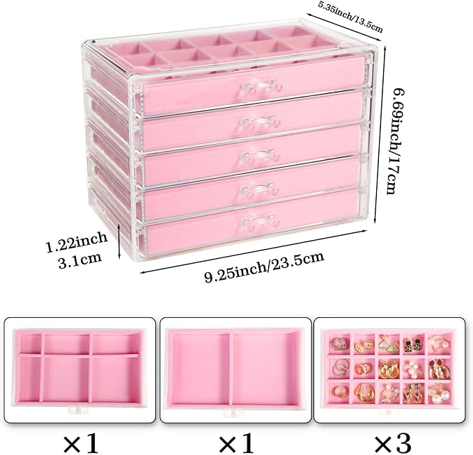 5 Drawers Clear Jewelry Box for Women and Girls, Pink