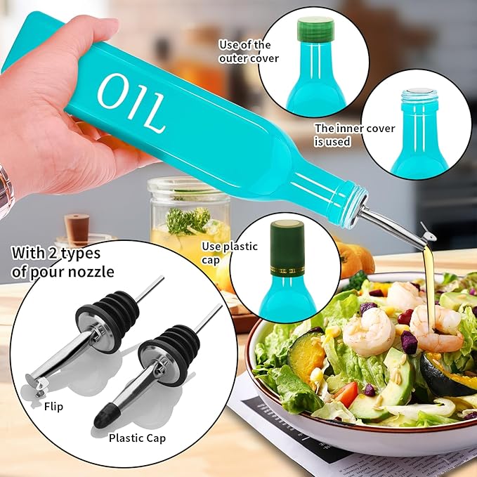 Olive Oil Dispenser Bottle,2 Pcs 17oz 500ml Glass O il and Vinegar Dispenser Set with 2 Stainless Steel Pourers, 8 Labels,Funnel Vinegar Bottles for Kitchen (Turquoise Oil & Yellow Vinegar)