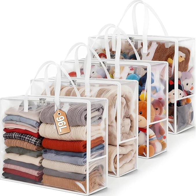 Clear Clothes Storage Bags, 96L Plastic Blanket Comforter Storage Bag, 4 Pack Vinyl Moving Bags,Closet Organizers and Containers for Bedding,Duvet,Toys,Seasonal Clothing,24” Christmas Wreaths,White