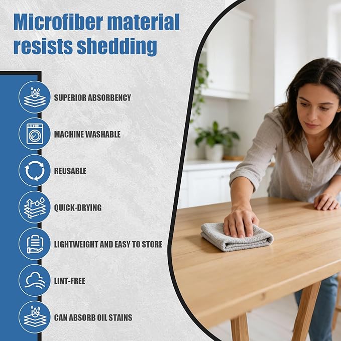 Reusable Microfiber Cleaning Cloths, Gray, 11x11 Inches, Lint Free, Highly Absorbent, Multifunction, 30 Pack