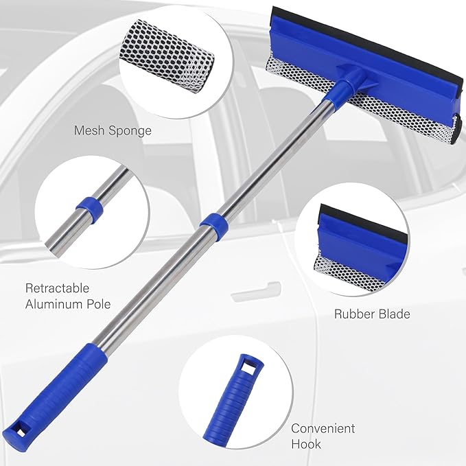 2-in-1 Car Windshield Squeegee and Sponge Scrubber for Cleaning and Washing, Rubber Blade Cleaner with Handle