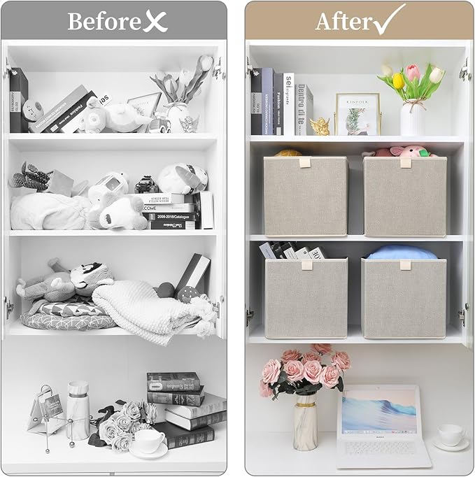 Storage Baskets, 11.8-Inch Woven Fabric Bins, Storage Cubes with Reinforced Handles, Organizer Bins for Closet Shelves, Foldable, for Toys, Clothes, Natural Beige (3PCS/Beige-11.8*11.8*11.8inch)
