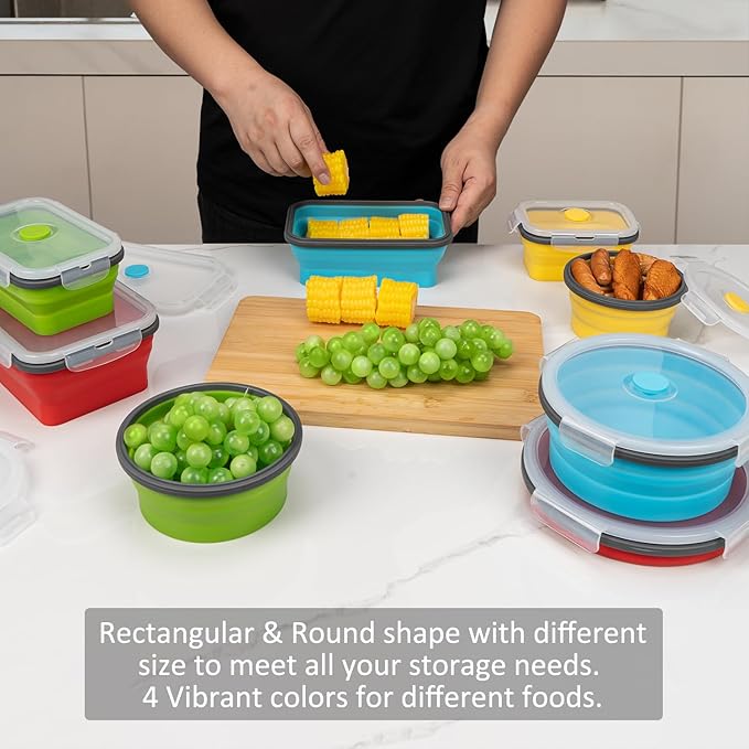 Collapsible Food Storage Containers with Lid & Air Vent, 8 Pack, 4 Rectangular + 4 Round