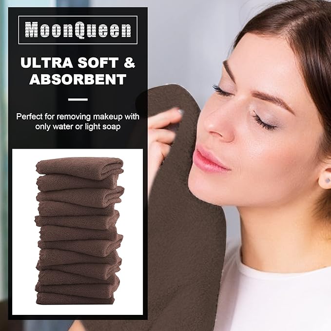 MOONQUEEN Microfiber Facial Cloths Fast Drying Washcloth 12 Pack - Premium Soft Makeup Remover Cloths - Wood Brown