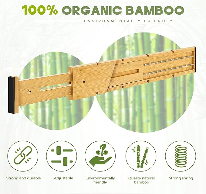 Bamboo Drawer Dividers 4PCS with Inserts, Expandable Kitchen Utensil Drawer Organizers,Adjustable drawer organizer for deep drawers Dresser Closet Underwear Storage Bedroom Bathroom Drawers(16.6"-22")