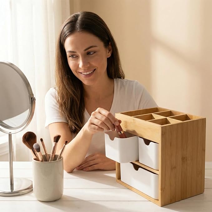 Bamboo Makeup Organizer with 3 Drawers, Dresser Cosmetic Organizer Box