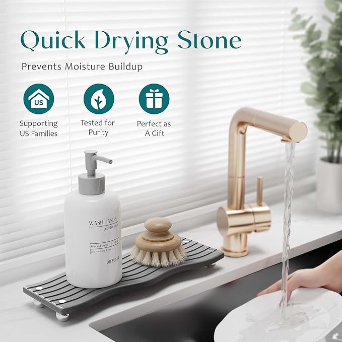 Water Absorbing Stone Tray for Sink, Diatomite Drying Stone for Kitchen Bathroom Counter, Decorative Raised-Feet Vanity Tray, Sink Caddy Organizer for Dish Soap & Sponge Holder [Dark Grey, 12'' x 4'']