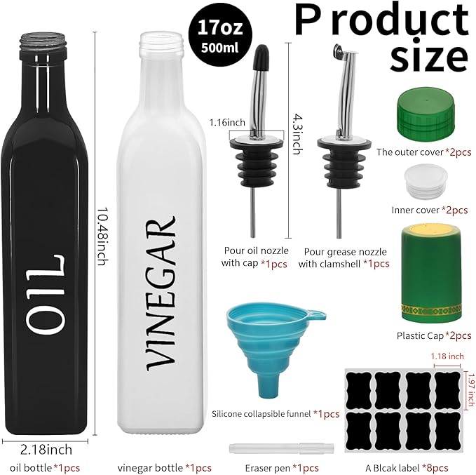 Olive Oil Dispenser Bottle,2 Pcs 17oz 500ml Glass O il and Vinegar Dispenser Set with 2 Stainless Steel Pourers, 8 Labels,Funnel Vinegar Bottles for Kitchen (Black Oil & White Vinegar)