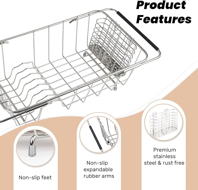 Sink Dish Drainer Rack, Expandable 304 Stainless Steel Dish Drying Rack Organizer with Stainless Steel Utensil Rack, Adjustable 14.96" to 20.59" Inside The Sink (up to 7 Upright Utensils).