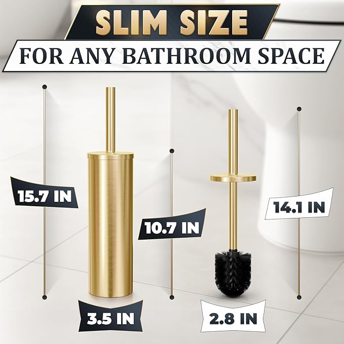 Gold Toilet Brush and Holder Set - Brushed Stainless Steel Gold Toilet Bowl Brush and Holder with Replacable Head, Removable Inner Bowl, and Splash Protection - Dense Bristles for Through Cleaning