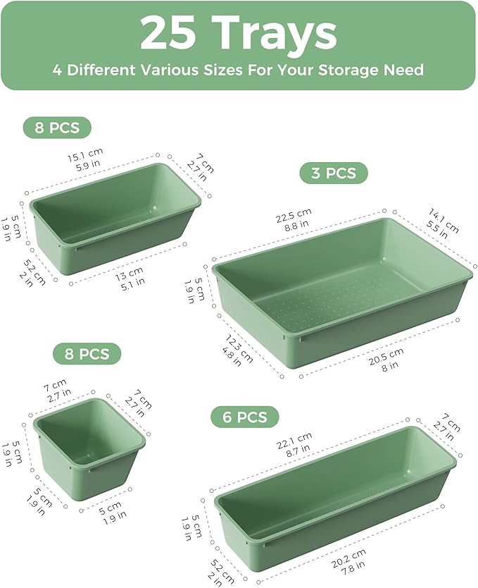 25 PCS Plastic Drawer Organizers Set, 4-Sizes Vanity and Makeup Organizer, Green