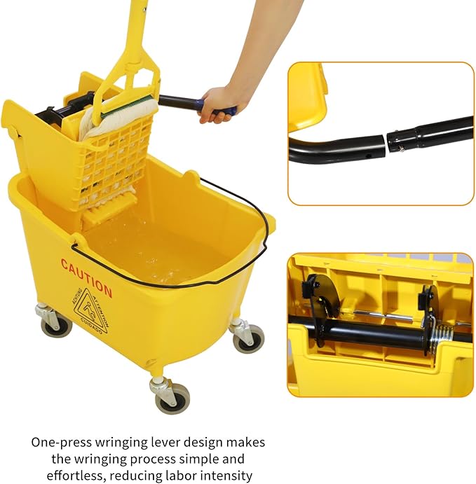 Commercial Mop Bucket with Side-Press Wringer for Floor Cleaning, 35 Quarts, Yellow, Including One Commercial Mop