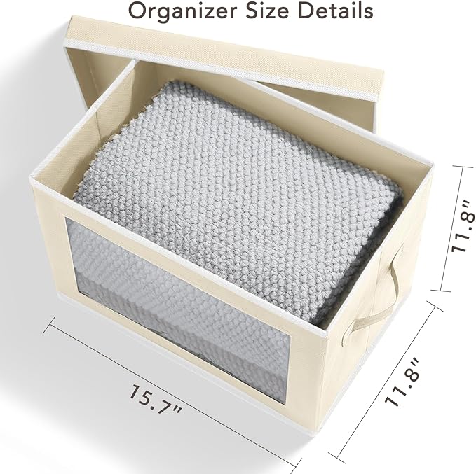 Storage Boxes with Lids, 4 Pack Fabric Clear Window Storage Bins, Beige