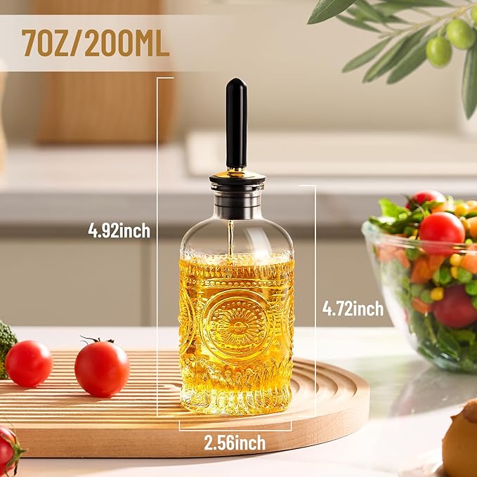 Baalaka Glass Oil Bottles 7OZ, Olive Oil Dispenser Bottle for Kitchen with Metal Spout, Elegant Glass Cooking Dispenser for Kitchen