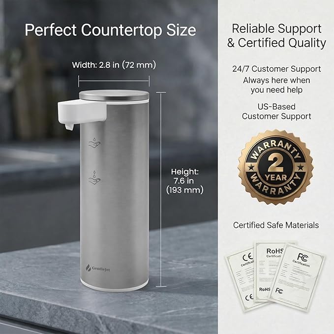 GentleJet OpalDrop Automatic Liquid Soap Dispenser for Kitchen Sink – Touchless No-Drip Pump, USB-C Rechargeable, 304 Stainless Steel, IPX5 Water-Resistant, 270 ml