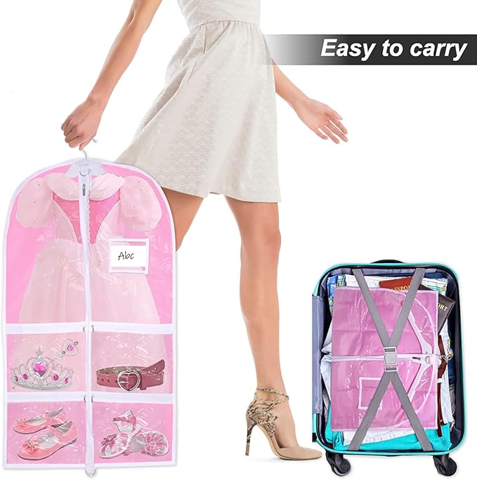 WJWSKI Pink Kids Dance Garment Bag for Hanging Clothes,37 Inch Waterproof PVC Travel Garment Bag with 3 Pockets for Dance Costumes,Sports,Skating,Theatre,Beauty Pageants & More