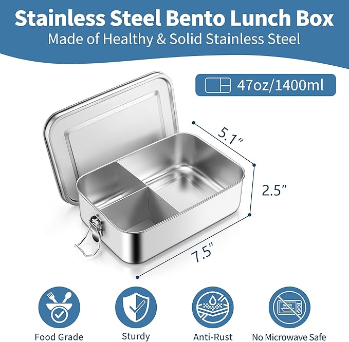 TeamFar Stainless Steel Bento Box, 47oz/1400ML Metal Lunch Box with Leak-Proof Lid for Adults/Kids, Lunch Food Containers with 3 Compartments for School/Work/Meal Prep, Heavy Duty & Dishwasher Safe