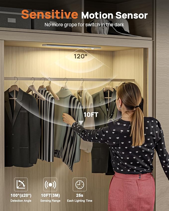 16inch Under Cabinet Lights, LED Motion Sensor Light Indoor, 4000mAh Rechargeable Closet Light with Remote, 3 Color Temps Magnetic Wireless Under Counter Lights for Kitchen, Stair, Pantry, 2 Pack