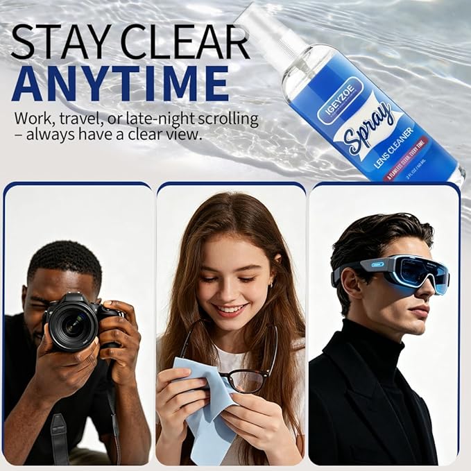 Eyeglass Lens Cleaner Spray Kit - (2x2oz) Glasses Cleaner Bottle + (4X) Microfiber Cloth 6.9"×5.7", Alcohol Free Eyeglasses, Screen