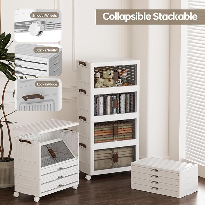 265 QT/66 GAL 4 Tier Stackable Plastic Storage Bins with Lids, Collapsible Closet Organizer, Lockable Folding Storage Containers with Doors and Wheels for Closets, Office
