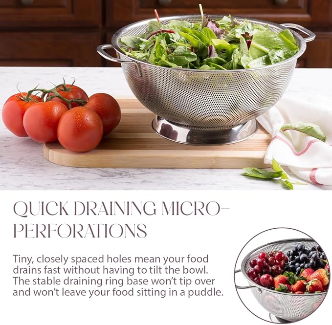 Bellemain Colander for Kitchen – 5 Qt Stainless Steel Strainer with Handle - 18/8 Pasta Strainer Bowl for Pasta, Spaghetti, Vegetables, Fruit